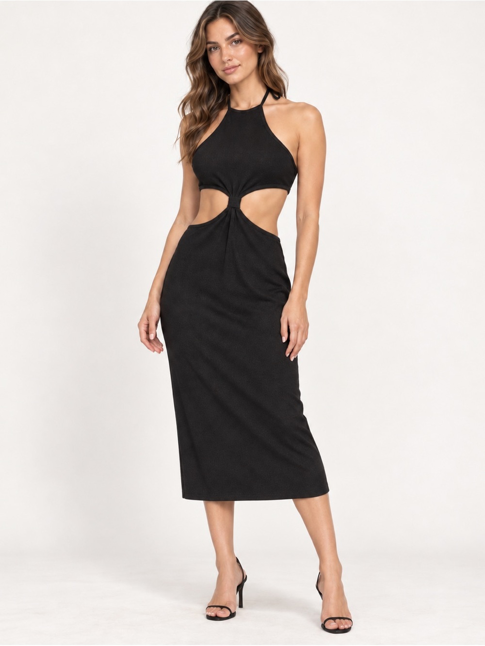 Almost Famous Black Halter Midi Dress with Front Cutouts